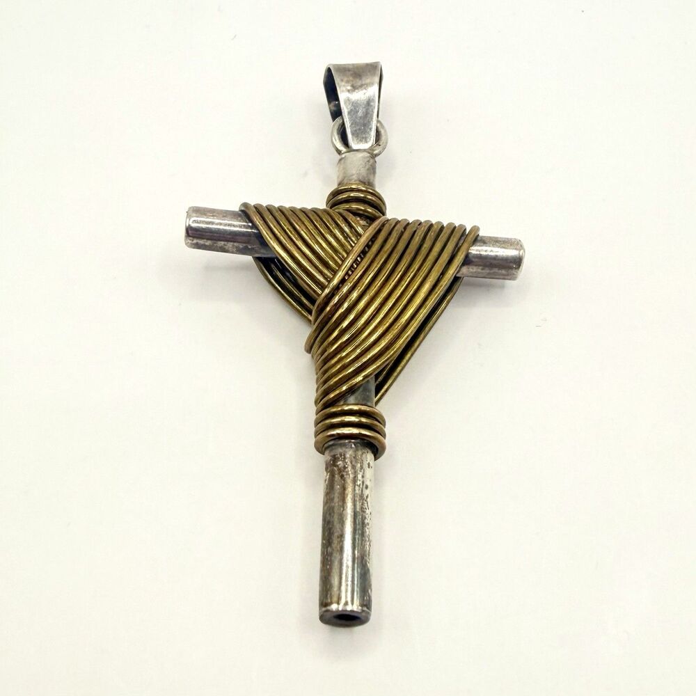 Laton Mexico 925 Sterling Silver Brass Modernist Cross Pendant 12.82g Religious